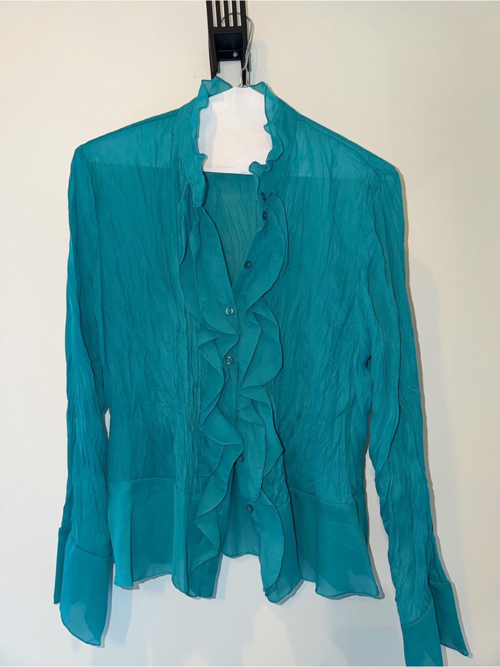 Ruffled Teal Sheer Button-Front Blouse